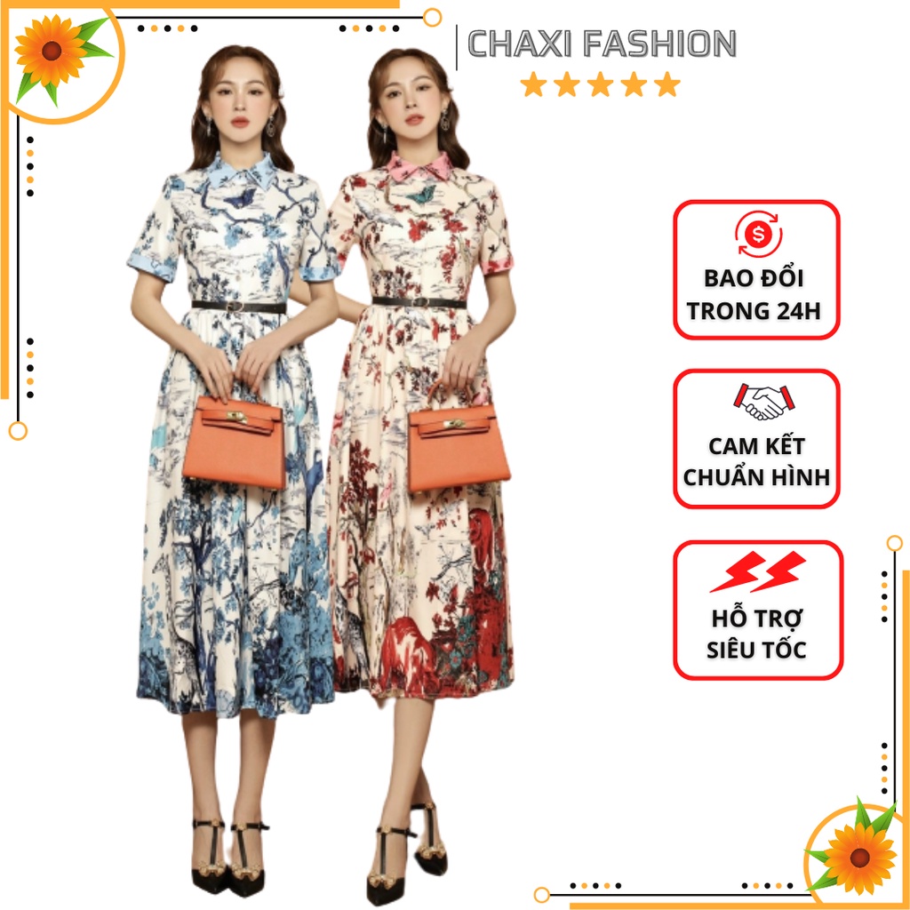 HÀNG NHẬP - ĐẦM XÒE MIDI SƠ MI LỤA HỌA TIẾT BƯỚM HOA CHÂN VÁY XẾP LY SIÊU XINH - KLCT341425