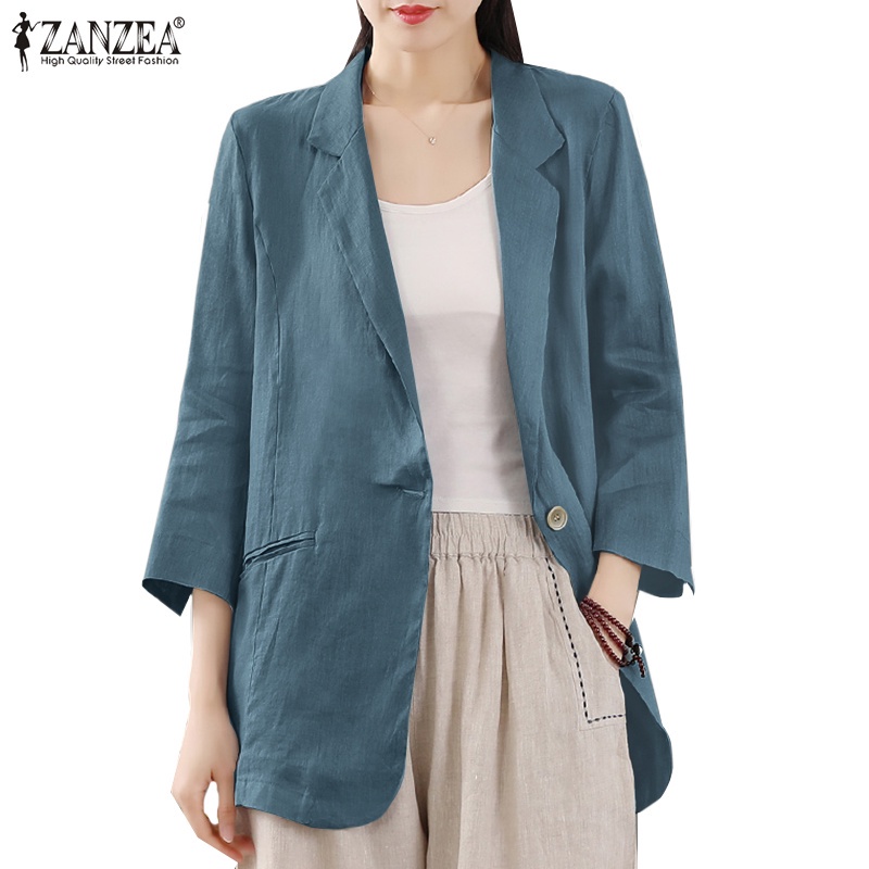 Áo khoác blazer ZANZEA cotton tay dài một hàng nút đơn giản thời trang thanh lịch cổ điển c thumbnail