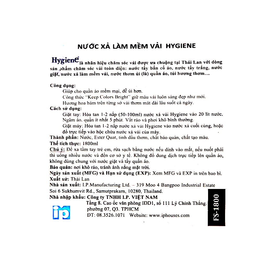 Nước xả cho bé Hygiene Soft White túi 1.8 lít