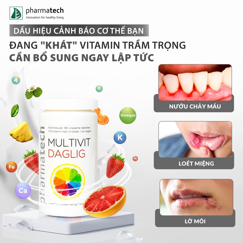 Viên uống bổ sung 12 loại vitamin khoáng chất Pharmatech Multivit Daglig 180 viên