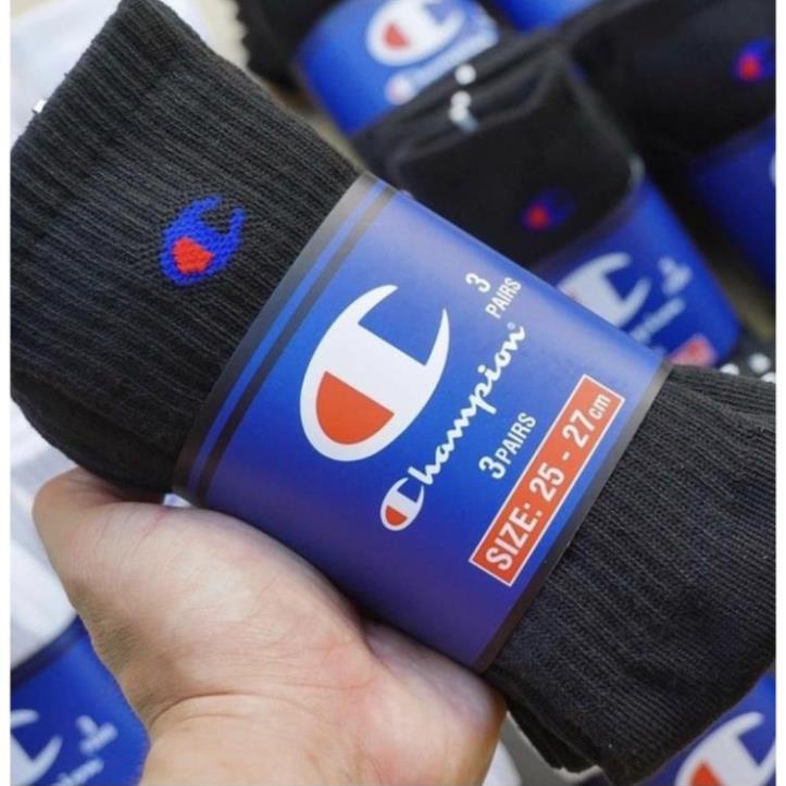 Tất thể thao cao cổ Champion đen dày dặn, thấm hút cao cấp