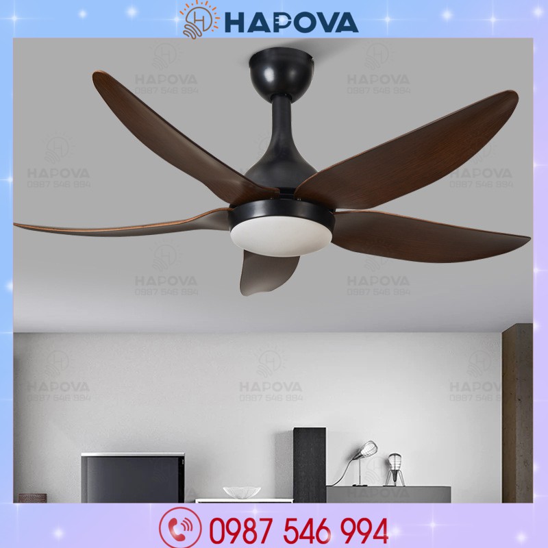 Quạt trần đèn chùm, đèn trần phòng khách 5 cánh gỗ HAPOVA ORIGA 8075 + Tặng kèm khiển