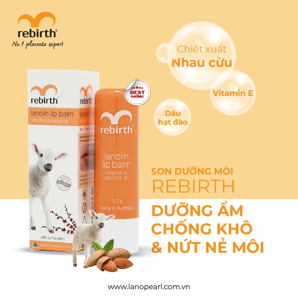 Son dưỡng ẩm nhau thai cừu Rebirth Lanolin Lip Balm with Vitamin E &amp; Apricot Oil (3.7g)