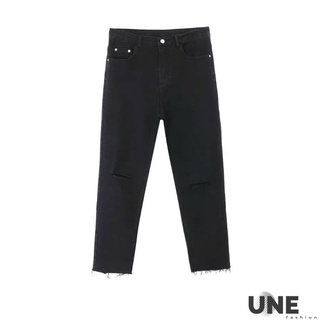 Quần jean baggy nam màu đen rách gối màu đen, quần jeans đen nam co giãn rách gối cắt gấu