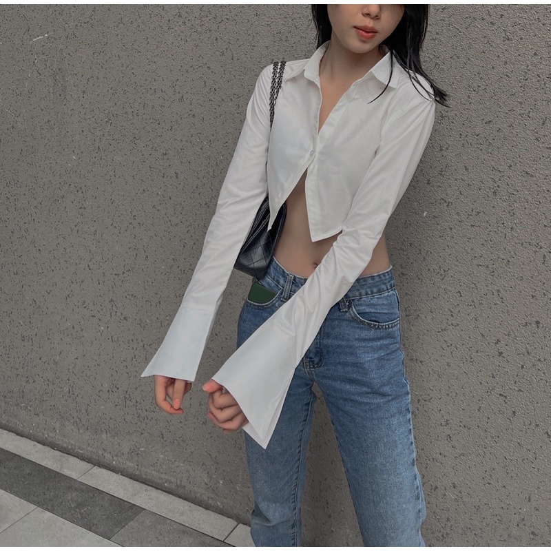 Áo sơ mi trắng tay dài Gem Crop Shirt - Áo sơmi trắng croptop