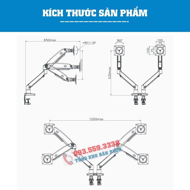 NB F195A / Giá Treo 2 Màn Hình Hỗ Trợ Màn 22 -32 Inch / Tải Trọng 12Kg 1 Tay - Lắp Đặt Kẹp Bàn &amp; Vít Xuyên Bàn