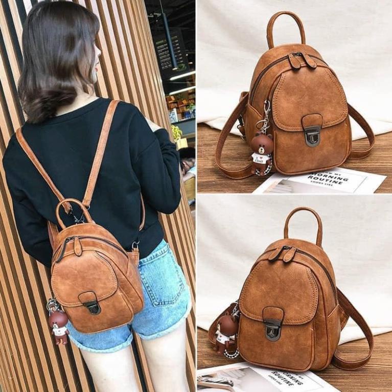 (giá sỉ) BALO DA PU NẮP KHÓA CÁ TÍNH, KEM GẤU NÂU BROWN SIÊU XINH