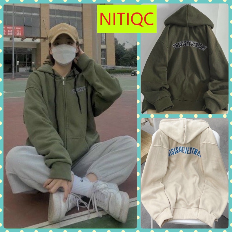 ÁO KHOÁC HOODIE NỈ NGOẠI NỮ CHUI ĐẦU KHÓA KÉO CHỮ THISISNEVERTHAT PHỐI NÓN MÀU KEM ĐEN XANH DÀY DẶN ẤM ÁP NITIQC