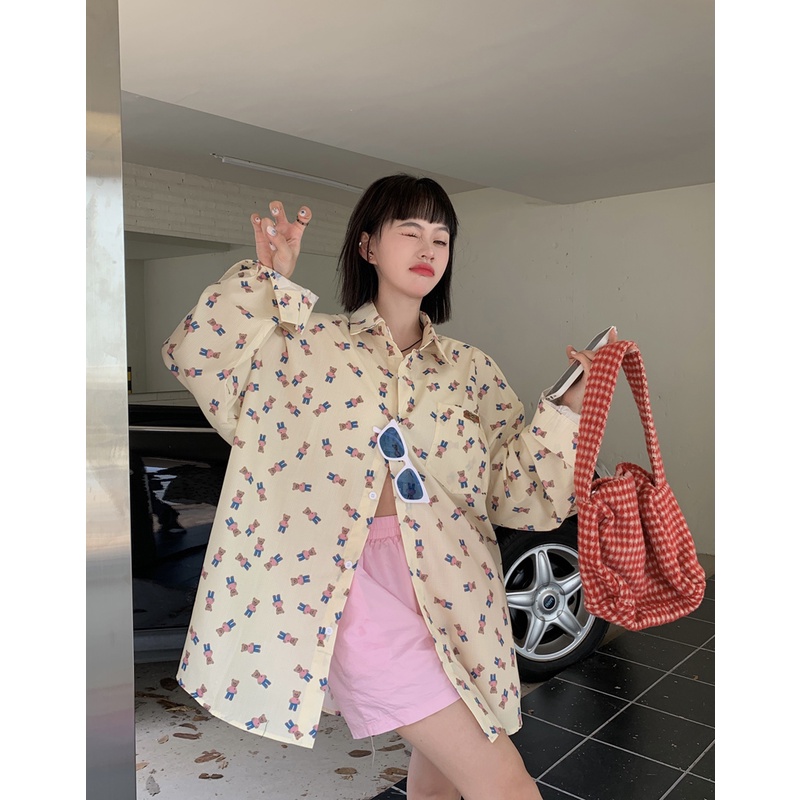 Áo Sơ Mi Tay Dài Dáng Rộng In Họa Tiết Chú Gấu Phong Cách Hàn Quốc Cổ Điển Thời Trang Cho Nữ