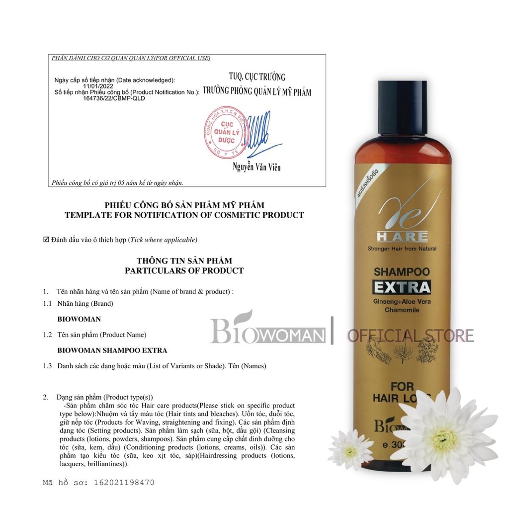 Dầu gội đầu thảo dược Biowoman Shampoo Extra kích thích mọc tóc ngăn ngừa rụng tóc 300ml chính hãng thái lan