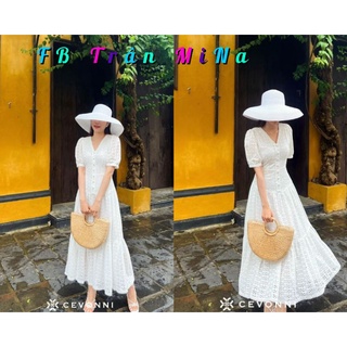 Đầm maxi trắng xô cổ v nút bọc- chuẩn ảnh sàn - a0