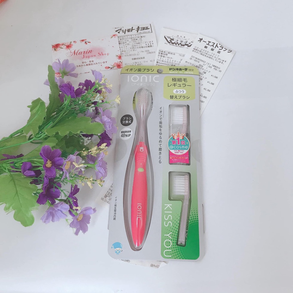 (Sale, Hàng Nhật) BÀN CHẢI ĐÁNH RĂNG KISS You năng lượng ion bộ set 1 bàn chải + 3 đầu bàn chải ionic