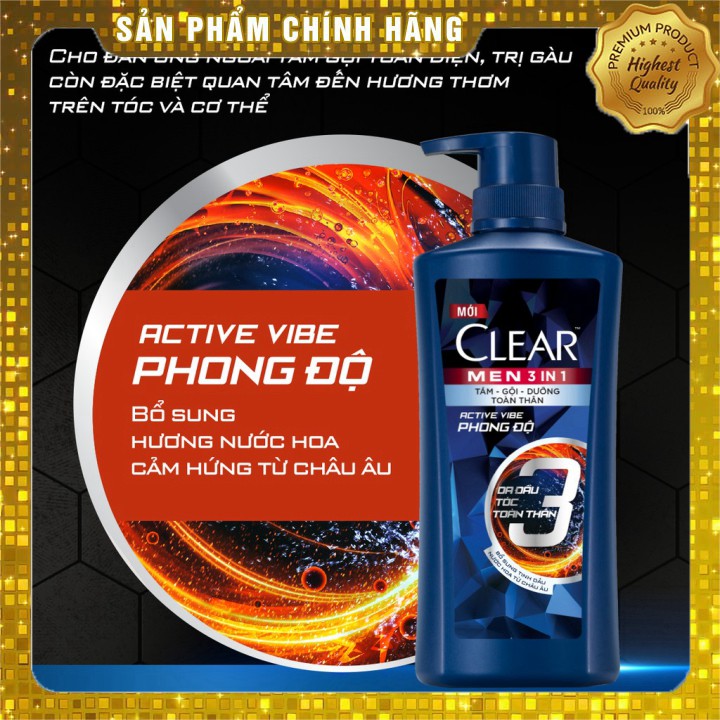 Dầu tắm gội Clear Men 3 trong 1 630gr: Tắm + Gội + Dưỡng