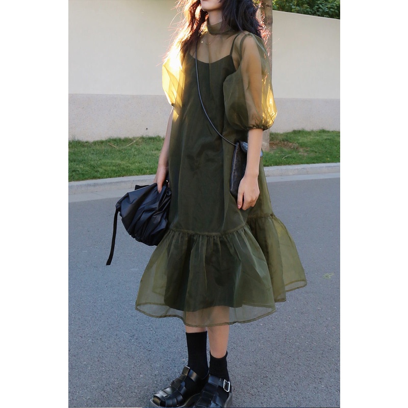 Đầm phối lưới phồng màu xanh lá size lớn thời trang mùa hè châu Âu dành cho nữ