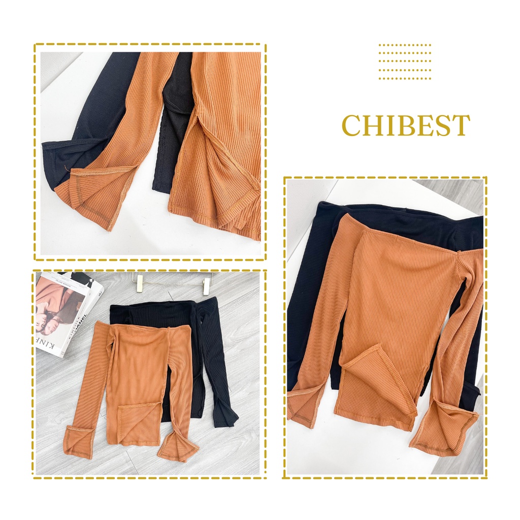 Áo thun ôm nữ  trễ vai vạc vuông phối xẻ tà ôm dáng body sexy CHIBEST LAB76