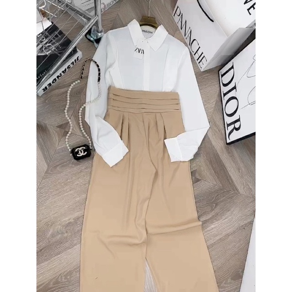 [ 𝐅𝐑𝐄𝐄 𝐒𝐇𝐈𝐏 ] SÉT ÁO SƠ MI TAY DÀI BỒNG MIX QUẦN CẠP LY . CHẤT SƠ MI LỤA QUẦN TUYẾT MƯA Ạ