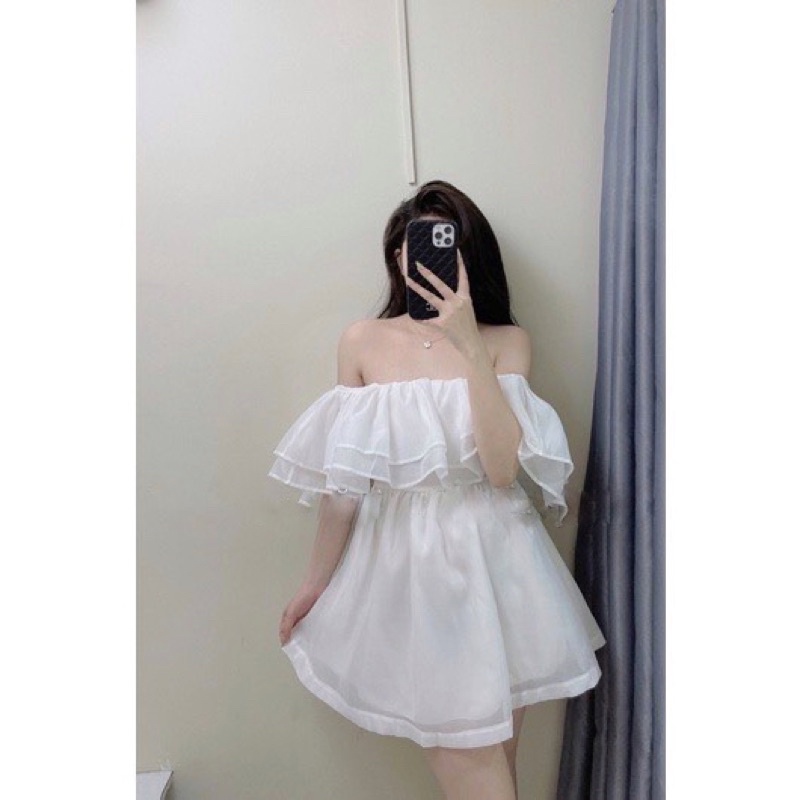 Đầm Bánh Bèo Trễ Vai Phồng Chất Tơ Óng Mẫu Mới, Trễ Vai Bánh Bèo 2 Tầng Bèo Tiểu Thư Chan House