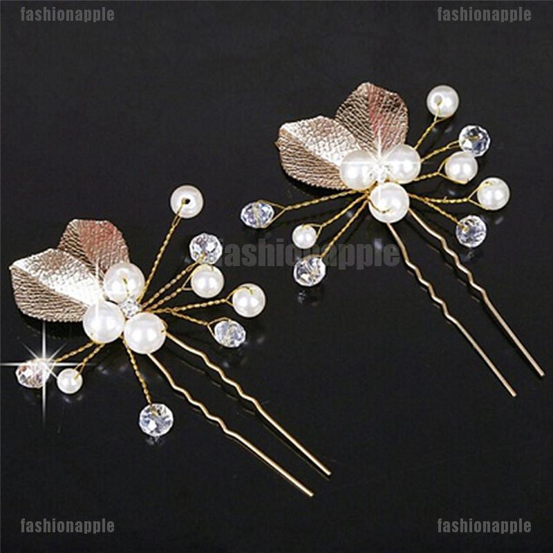 Set 4 trâm cài tóc hình lá kết ngọc trai và hạt đá giả thanh lịch đẹp mắt cho cô dâu