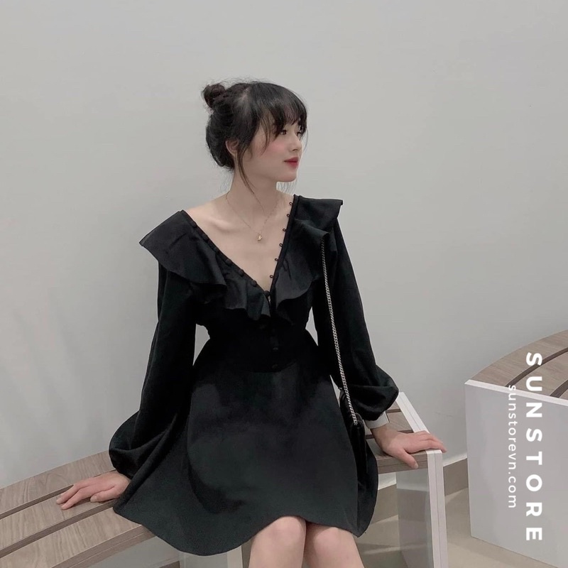 Đầm xoè nữ tay dài cổ V cài nút bọc bo chun váy mini dáng xoè 3 màu