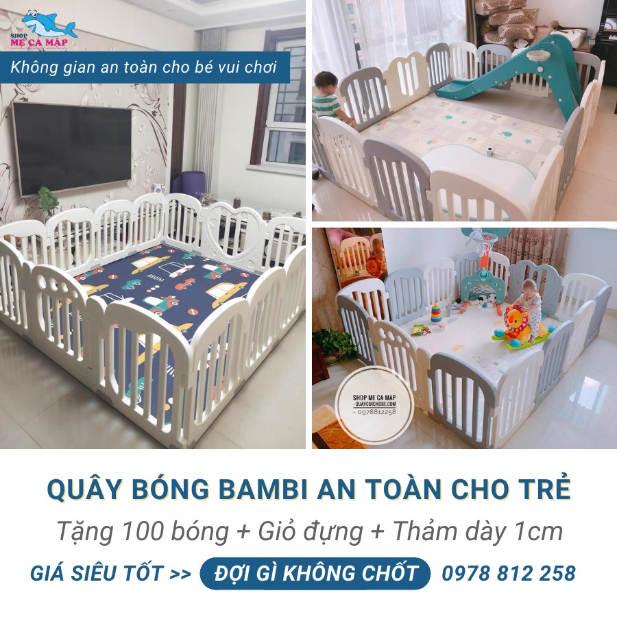 Quây cũi nhựa cao 65cm tặng THẢM DÀY và 100 BÓNG, cũi nhựa hiệu Bambi quây bóng nhập khẩu chính ngạch, HDPE an toàn