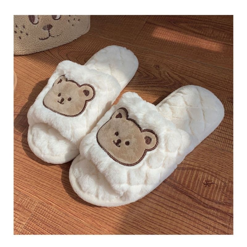 Dép lông nữ quai ngang họa tiết gấu bear đáng yêu hai màu basic đi học đi chơi đi trong nhà siêu xinh jumato
