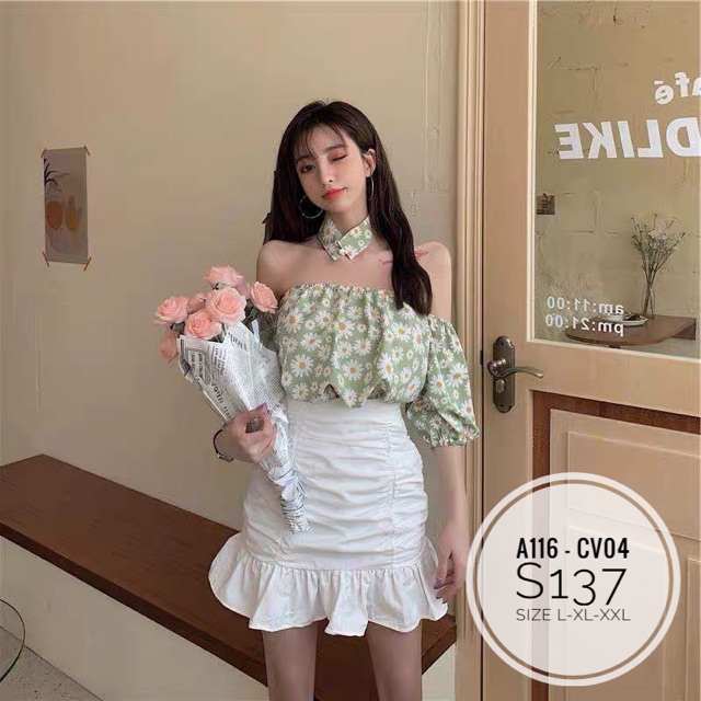 Bigsize Set hoa cúc trễ vai S137