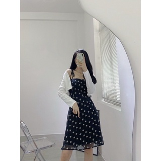 Set đầm 2 dây hoa + áo khoác (hồng, đen)