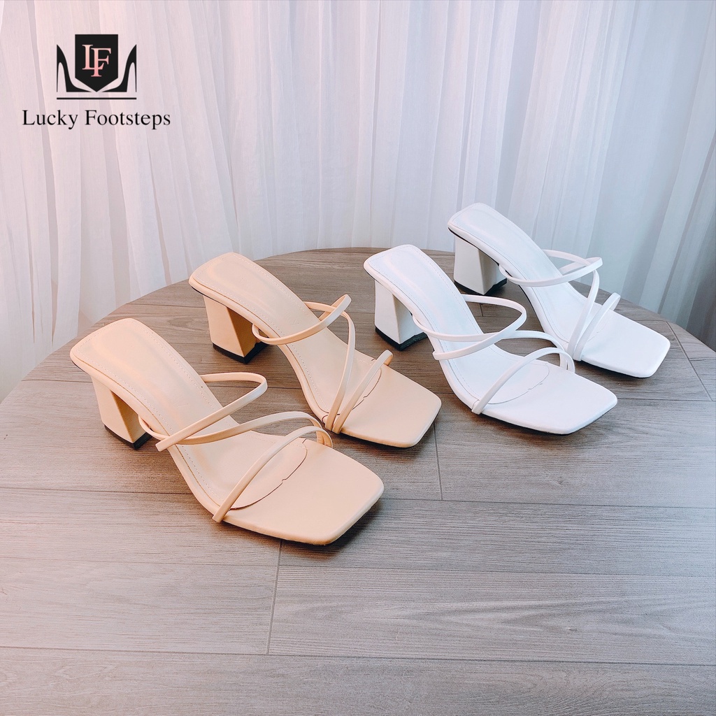 Sandal guốc cao gót Lucky quai phối dây chéo gót vuông 7p - v87