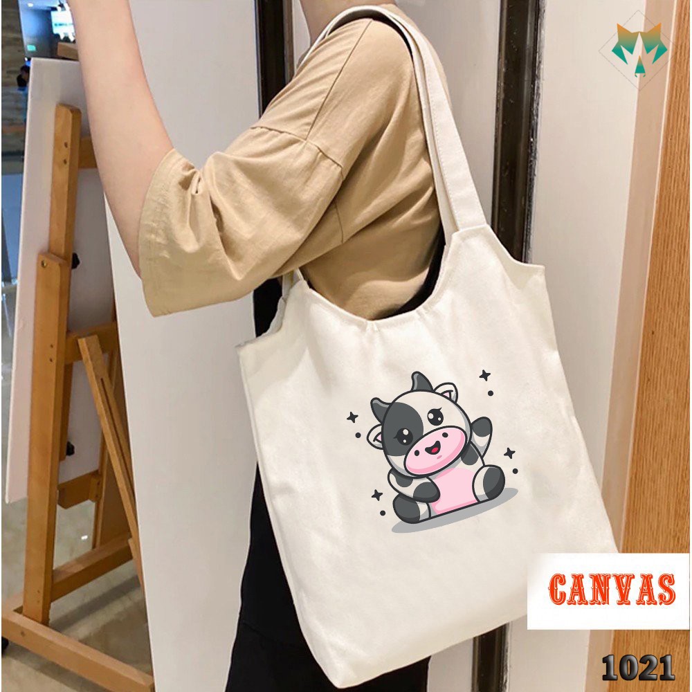 TÚI TOTE TRẮNG CHẤT VẢI CANVAS 1021 484 BÒ SỮA NGÔI SAO DỄ THƯƠNG HÀNG CHUẨN ĐẸP