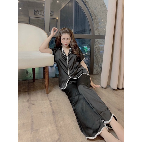 Bộ Đồ Pijama – Bộ Lụa latin viền sóng tay cộc quần dài [Hàng Đẹp, Lụa Mát Mịn]  Không Nhăn, Không Bai Giãn | BigBuy360 - bigbuy360.vn