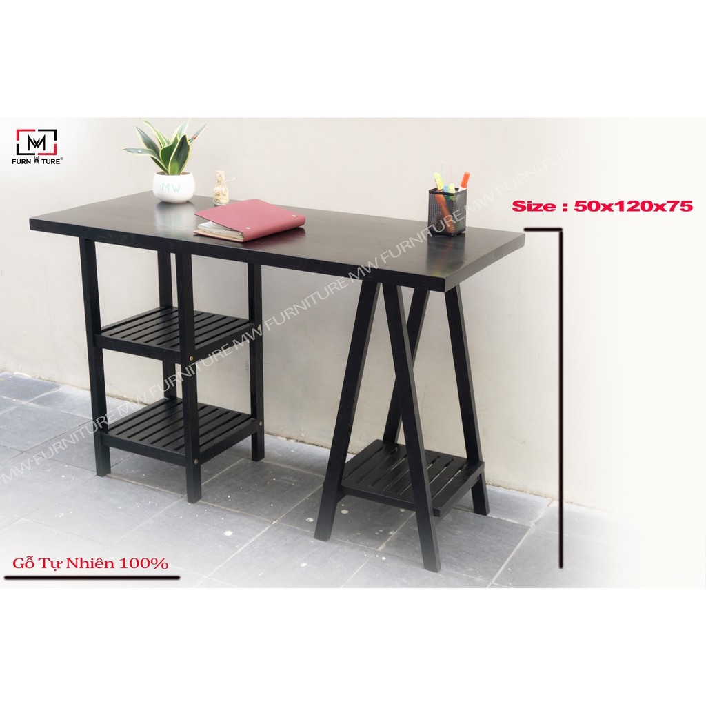 Bàn làm việc lắp ráp gỗ thông tự nhiên 100% thương hiệu MW FURNITURE size 50x120x75 cm màu đen