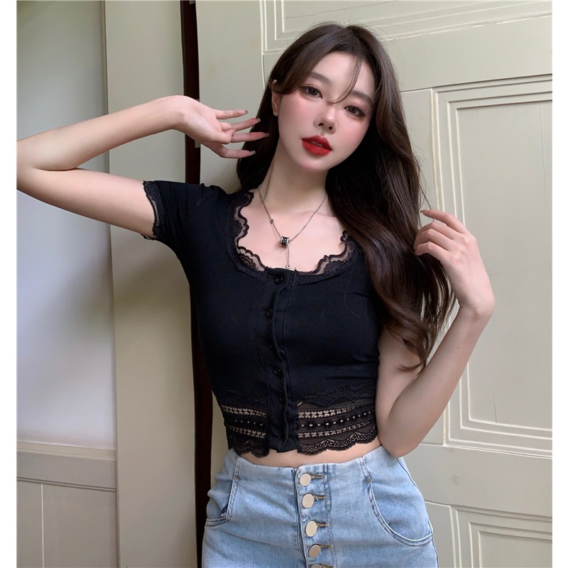 Cocory vn Áo croptop tay ngắn dáng ôm phối ren hoa thời trang quyến rũ cho nữ