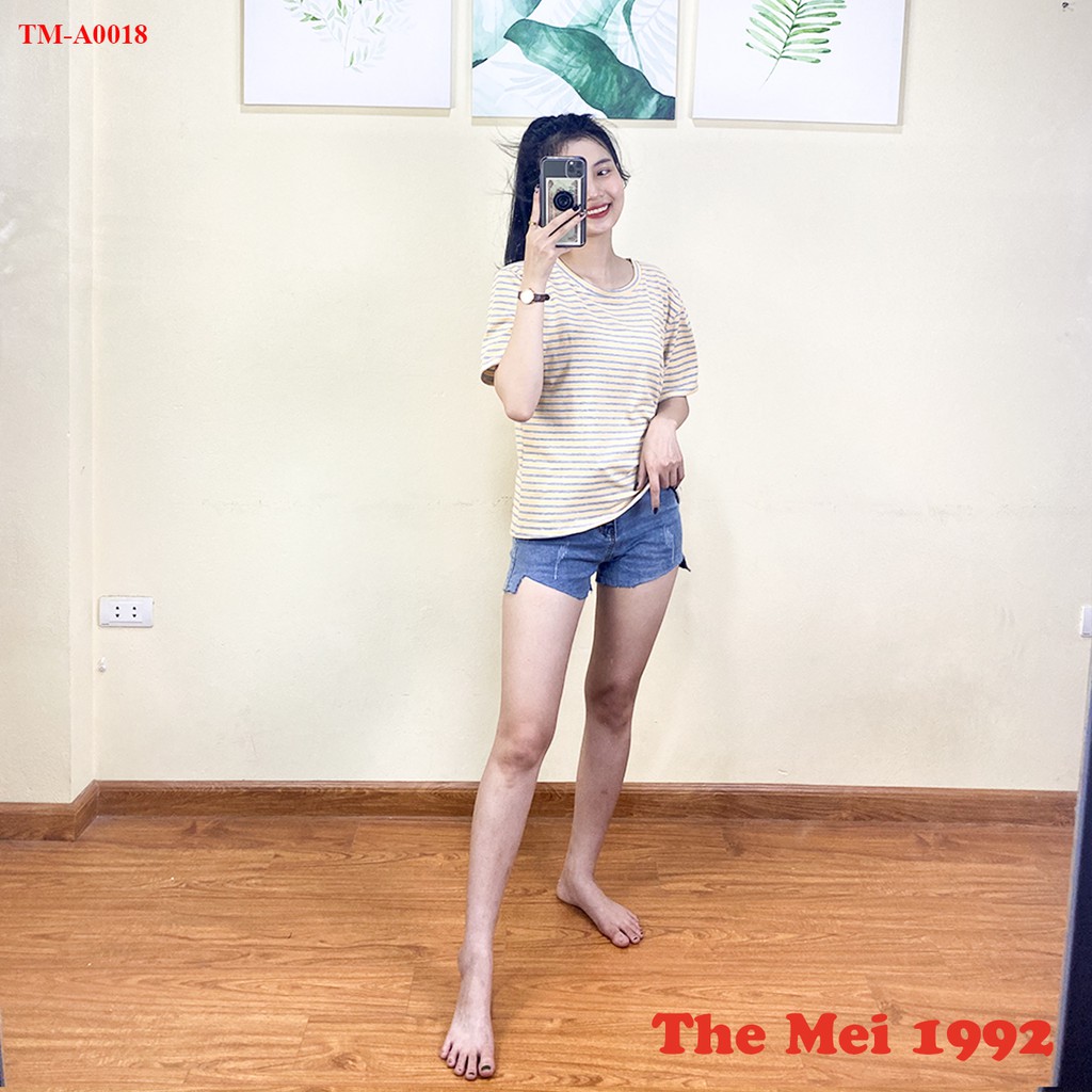 Áo phông tay lỡ The Mei 1992- Áo thun nữ form rộng cotton kẻ ngang bản nhỏ cổ tròn siêu mát