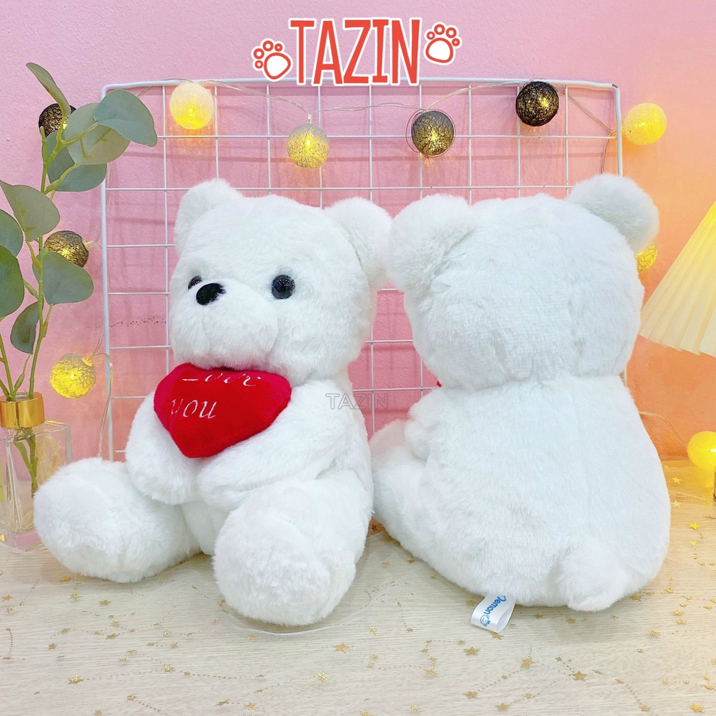 Gấu bông Teddy trắng ôm tim love đáng yêu, Teddy bông ôm tim love cute xinh xắn cao cấp TAZIN