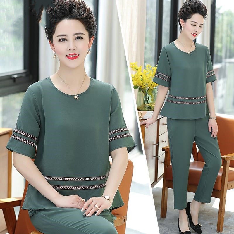 ✱♤┋Bộ quần áo của mẹ ngắn tay cho phụ nữ trung niên và cao tuổi đồ hai mảnh người