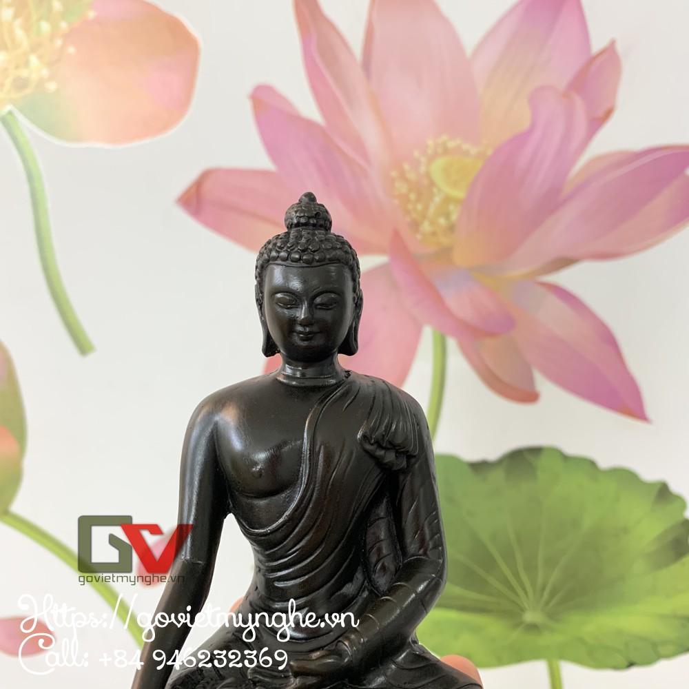 Tượng đá trang trí phòng thờ Đức phật Thích ca ngồi trên tòa sen thiền ấn - Xúc địa ấn | Chiều cao 14cm - Màu nâu đen