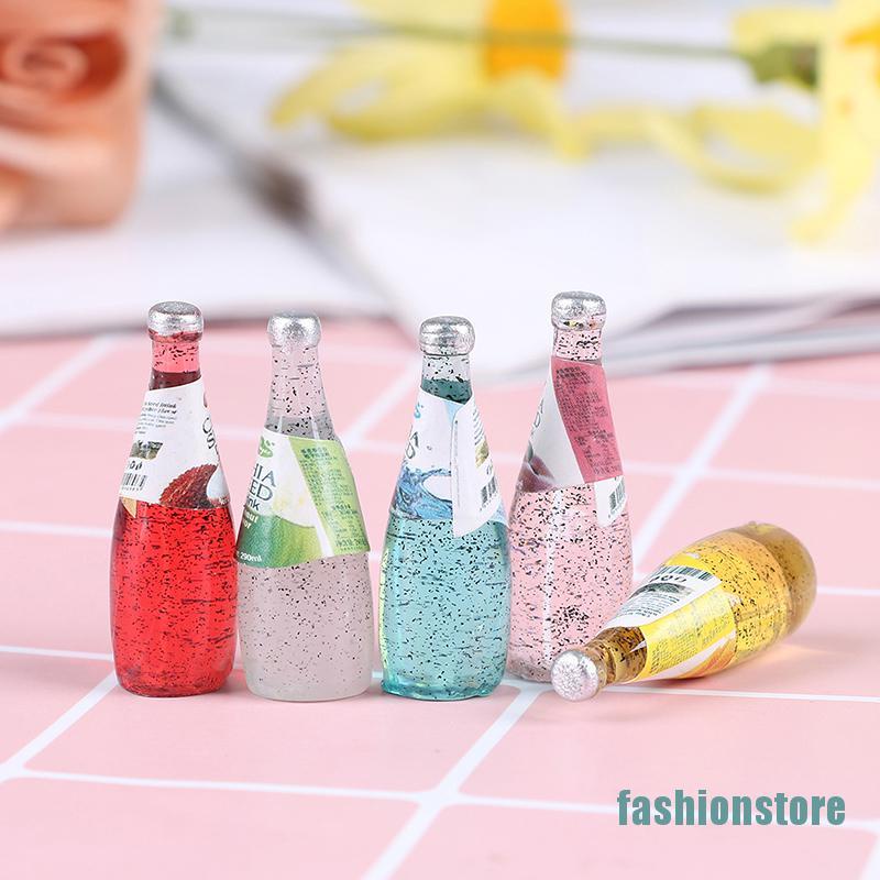 Set 5 mô hình chai nước uống trái cây mini tỉ lệ 1/ 12 trang trí nhà búp bê
