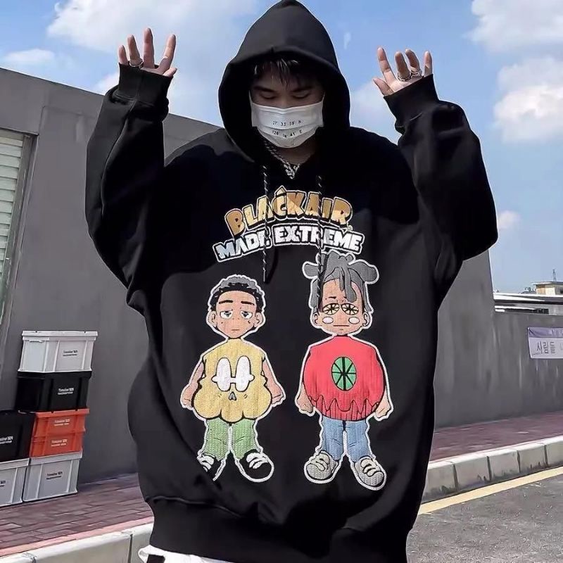 Áo hoodie nỉ bông unisex nam nữ local brand Trung Black Air 2 in cậu bé hippie cá tính đen trắng có size