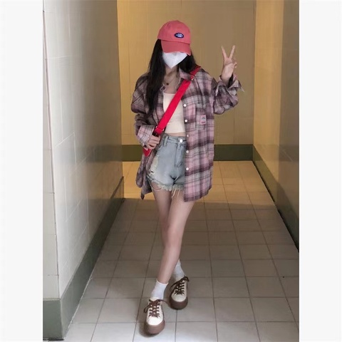 Áo sơ mi XIAOZHAINV tay dài dáng rộng sọc caro thời trang retro Hàn Quốc