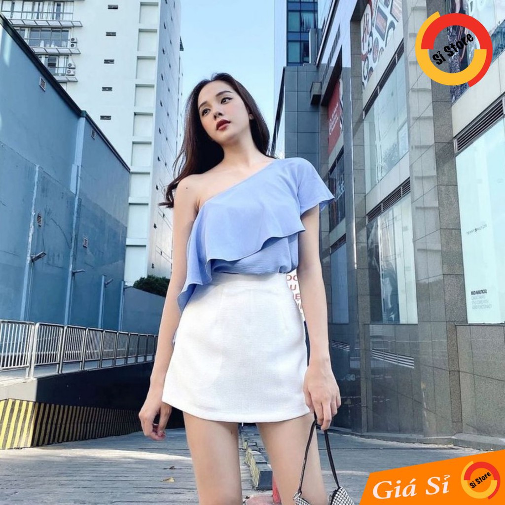 Áo Lệch Vai Bèo Xéo Chất Liệu Đũi (XANH)