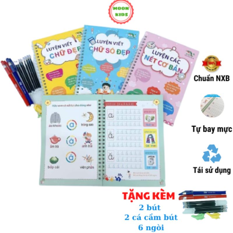 Vở tập viết tự xoá, bộ 3 quyển luyện viết thần kỳ bay mực cho bé kèm bộ bút bay mực sử dụng được nhiều lần