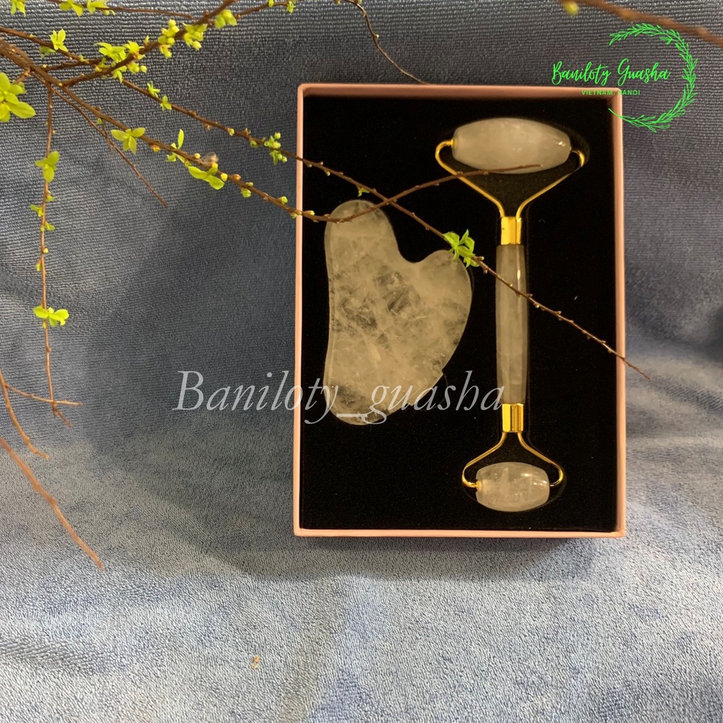 (Bản limited Baniloty) Bộ thanh lăn và miếng đá trái tim-đá tự nhiên màu trắng trong, massage mặt nâng cơ hiệu quả