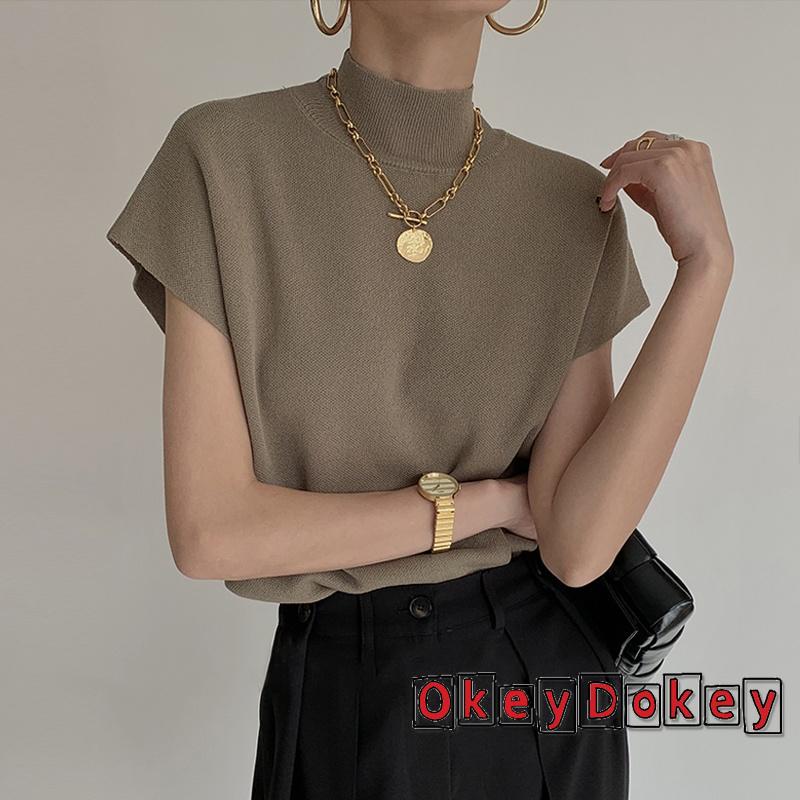 Áo Dệt Kim Sát Nách Cổ Cao Màu Trơn Thời Trang Cho Nữ