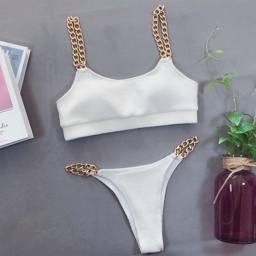 Set bikini 2 món màu trơn có mút nâng ngực phối chuỗi xích bằng kim loại thời trang quyến rũ cho nữ H159 | BigBuy360 - bigbuy360.vn