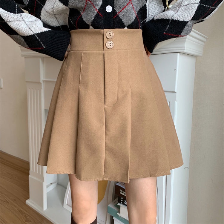 Chân váy xếp ly lưng cao dáng chữ A màu sắc retro thời trang thu đông cho nữ