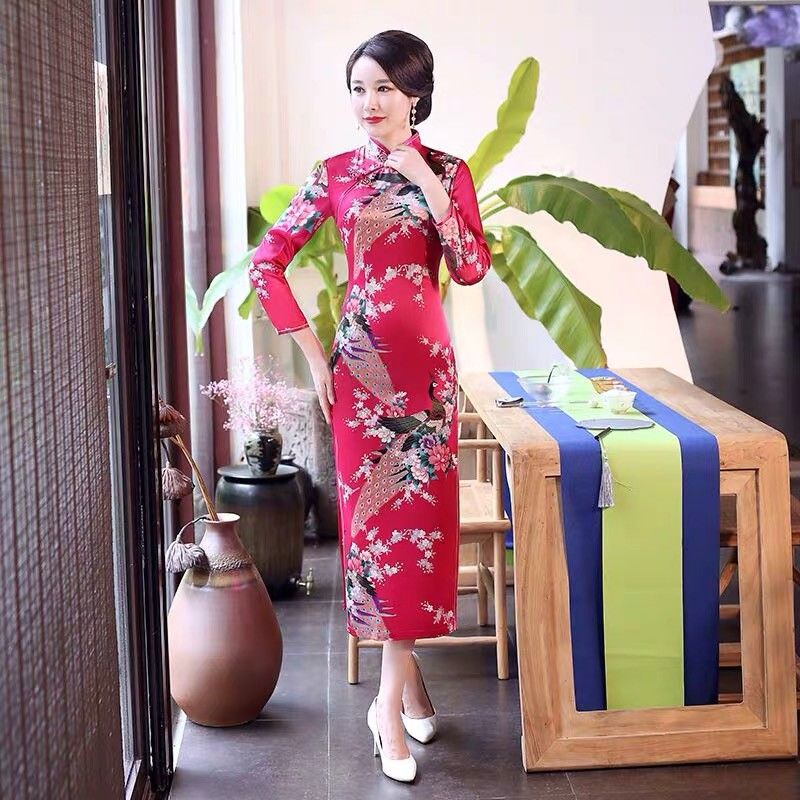 Áo dài Đầm Sườn Xám Tay Dài Dáng Dài Thời Trang Chụp Ảnh Hàng Ngày Cho Phụ Nữ Lớn Tuổi