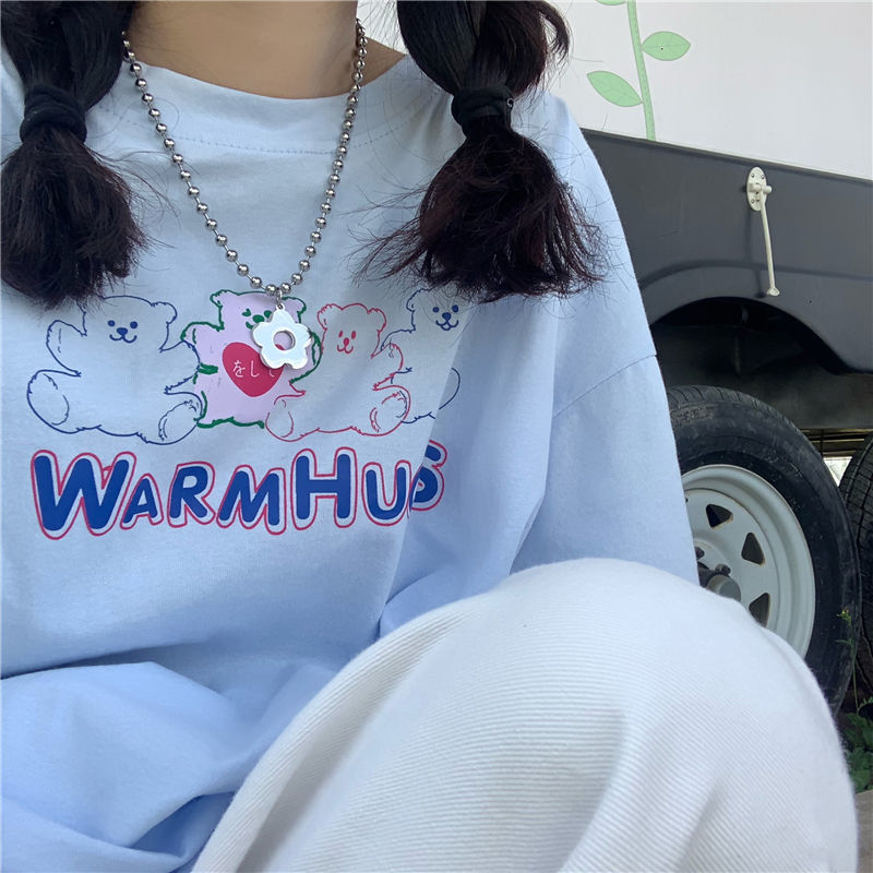 100% cotton Áo thun tay ngắn dáng rộng in họa tiết hoạt hình phong cách Hàn Quốc thời trang năng động cho nữ