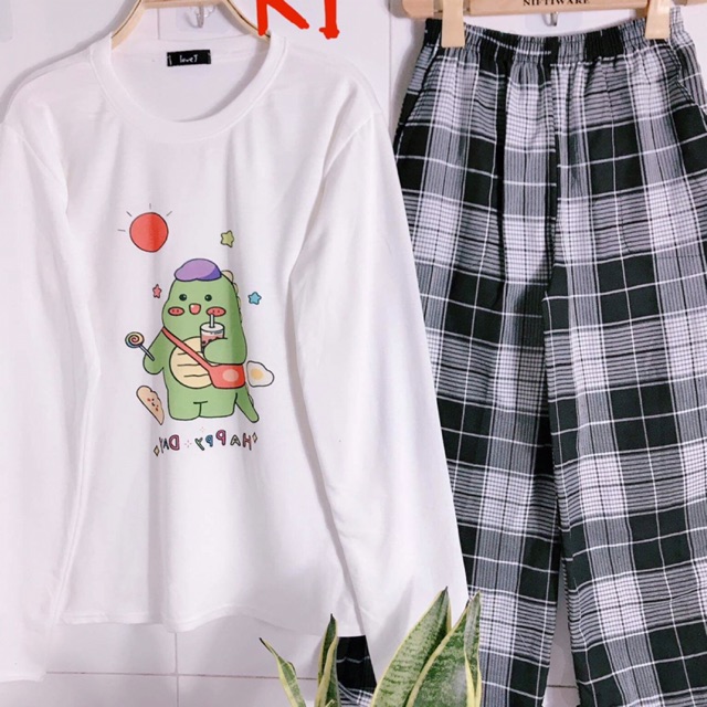 Set áo thun dài tay khủng Long xanh uống nước + quần kẻ suông ống rộng