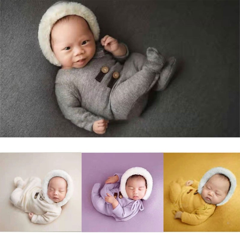 Bộ 2 Món Áo Liền Quần Dệt Kim + Mũ Beanie Dễ Thương Làm Phụ Kiện Chụp Ảnh Cho Bé Sơ Sinh