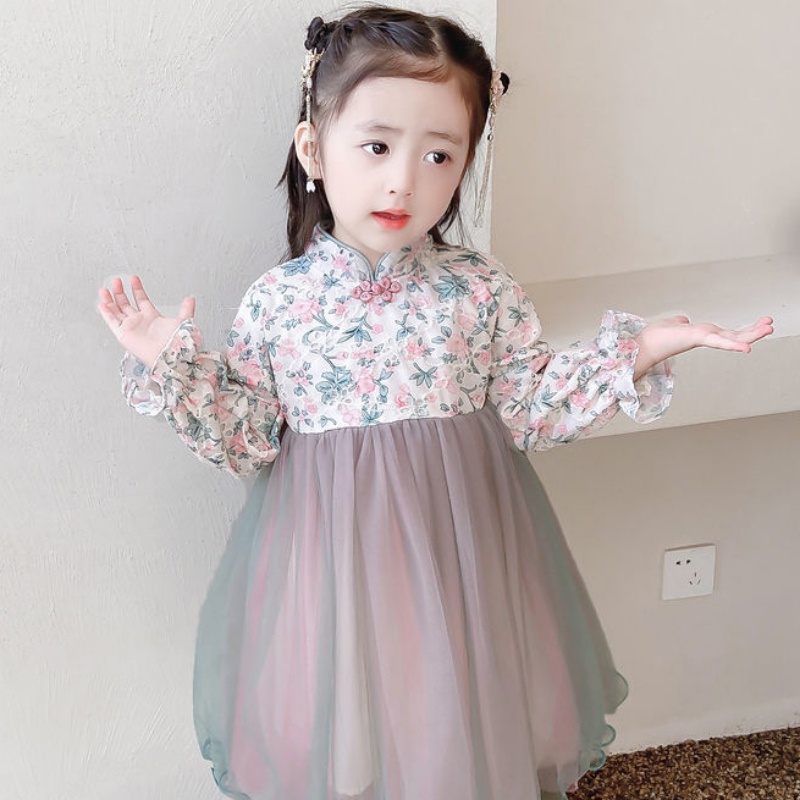 Đầm In Hoa Phong Cách Trung Hoa Xinh Xắn Cho Bé Gái